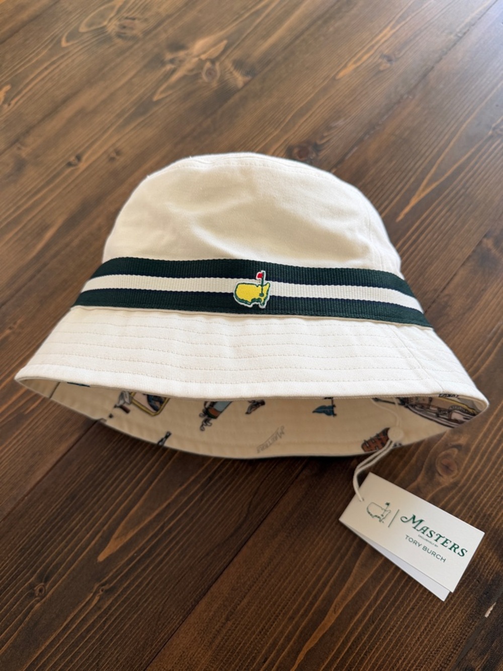 Masters Tory Burch Cream Bucket Hat with Green Stripes